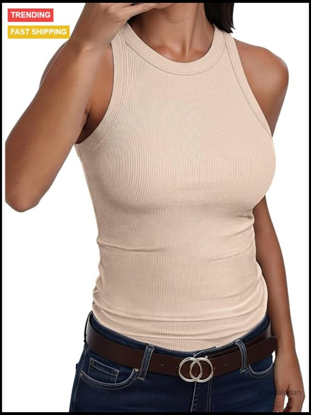 Sleeveless Tank Top High Neck Racerback Ribbed Knit Slim Fit Workout Shirt